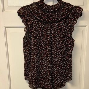 Loft floral print blouse size S, keyhole back high ruffle neckline ladder trim